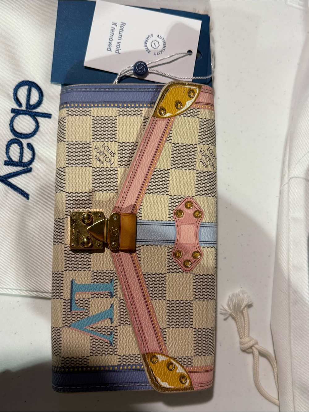 Louis Vuitton Damier Azur Trunk-Print Continental Wallet in Pastel Blue & Pink